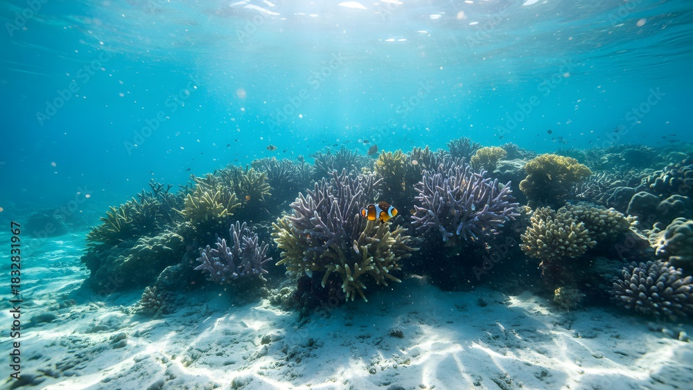 Fototapeta premium Vibrant underwater scene showcasing a healthy coral reef ecosystem with sunlight rays piercing the clear blue ocean water above a sandy seabed