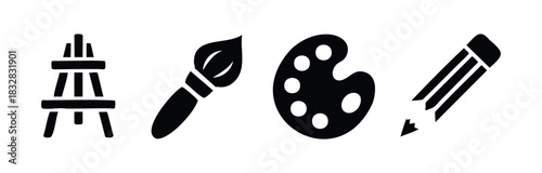 Collection of black icons representing painting and drawing tools including an easel, paintbrush, palette, and pencil suitable for educational or creative projects