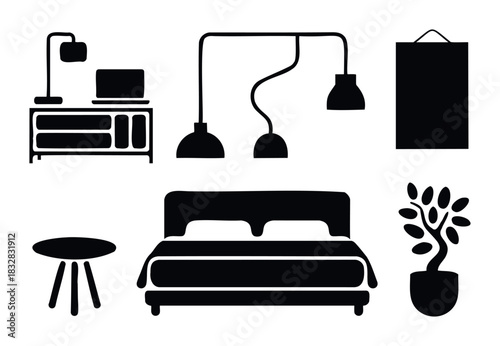 Collection of modern furniture and home decor items including a bed, desk, lamp, pendant lights, plant, and wall art for interior design concepts and lifestyle visuals.