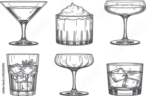 Elegant vector sketch set of six different classic cocktail glassware types including Martini, Coupe, Rocks, Highball, and Whipped Cream Beverage glass isolated on white