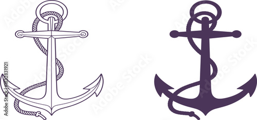 Nautical ship anchor vector set, solid silhouette, line art, and detailed vintage engraving with rope, maritime safety and symbol graphic