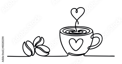Simple line drawing of coffee beans and a steaming mug with a heart shape for romantic beverage enjoyment in cafe or at home applications.