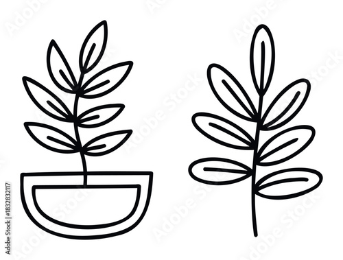 Minimalist line drawing of a potted plant and a sprig of leaves, perfect for organic branding and naturethemed graphic resources