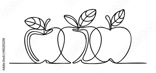 Continuous line drawing of three ripe apples with leaves, representing healthy eating and fresh produce, ideal for food related promotions and visual communication projects.