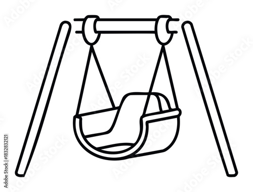 Simple outline drawing of a childs swing set with a seat suspended by ropes from a horizontal beam for playground fun and outdoor recreation