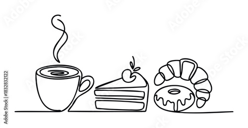 Simple continuous line drawing of a steaming coffee cup, cake slice with cherry, and croissant with donut, perfect for cafe menus, food blogs and breakfast promotions.