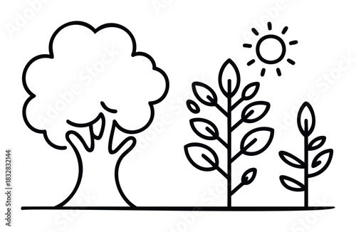 Simple outline drawing of a large tree and smaller plants growing under a bright sun, representing nature and growth for ecofriendly themes and concepts.