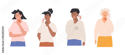 Set of people experiencing throat pain or neck discomfort with a pained expression. Medical concept of sore throat and illness. Flat Style Vector Illustration isolated on white background.