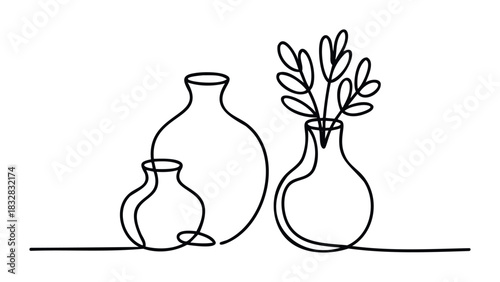 Abstract minimalist continuous line drawing of three vases of varying sizes, one with decorative branches, perfect for modern home decor or graphic design projects.