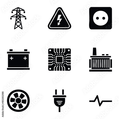 Collection of electrical energy and technology icons including power pylon, warning sign, socket, battery, processor, power plant, fan, plug, and waveform, representing power and