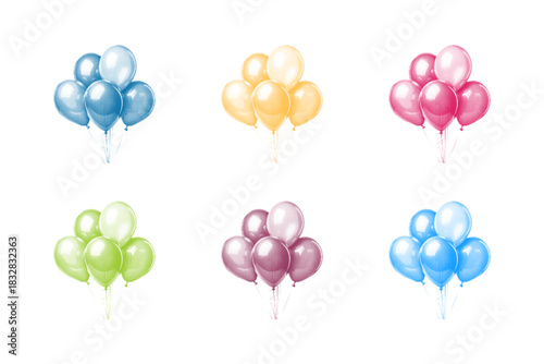 Set of colorful glossy balloons in different shades, isolated on white background. Festive decorative balloon bundles for celebration, party design, birthday or holiday decoration.