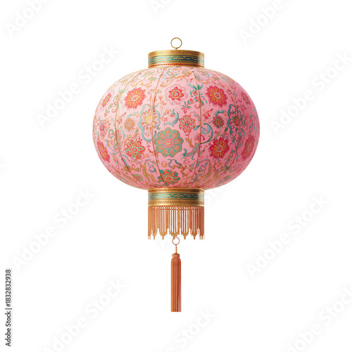 Colorful Pink Lantern With Floral Patterns Hangs Gracefully in an Elegant Set...