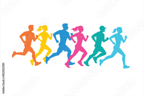Colorful vector silhouette illustration of a group of men and women running together in dynamic motion. Each runner is designed in a different vibrant color—orange, yellow, blue, pink, green, and cyan