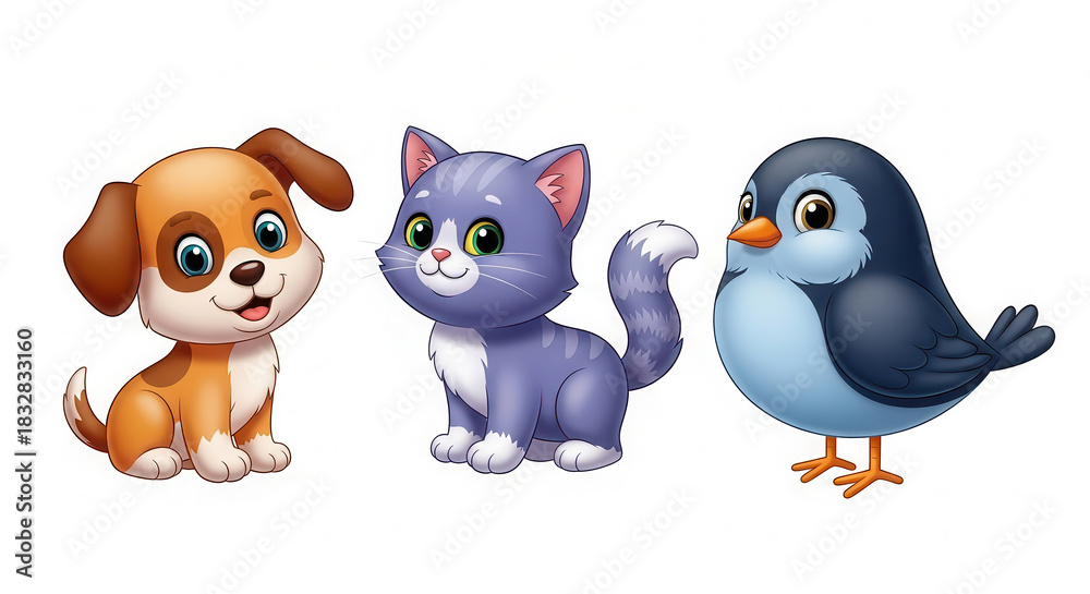 Obraz premium Cute cartoon illustration featuring a playful puppy, a curious kitten, and a cheerful bird, showcasing adorable animal characters in a vibrant and engaging style