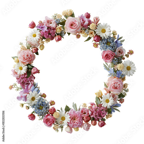Beautiful Floral Wreath Made of Colorful Roses and Daisies on a White Background