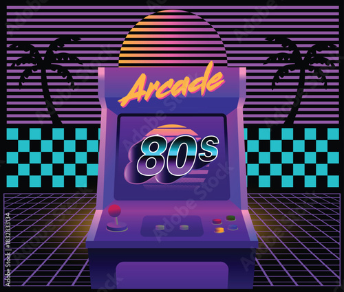 Retro 80s arcade machine illustration with neon lights, vibrant synthwave colors, palm trees, and grid floor. Perfect for gaming posters, nostalgia themes, digital art, and vintage retro designs.