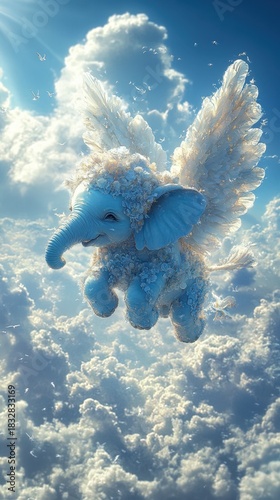 A majestic blue elephant gracefully soaring through the sky with expansive wings, evoking a sense of wonder and freedom.