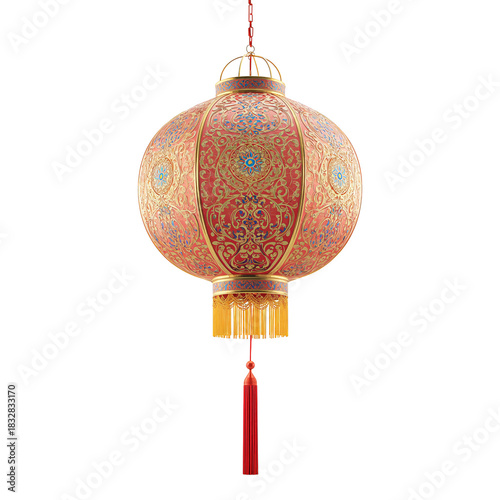 Elegant Red Lantern With Floral Design Hanging in a Bright Setting