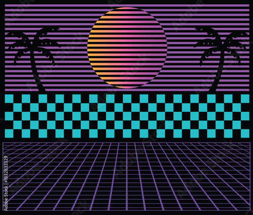 Vaporwave sunset design featuring a glowing retro sun, palm tree silhouettes, neon grid floor, and cyan–purple checkerboard pattern, creating a bold 80s synthwave nostalgic aesthetic.