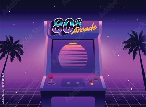 Retro 80s arcade machine illustration with neon lights, vibrant synthwave colors, palm trees, and grid floor. Perfect for gaming posters, nostalgia themes, digital art, and vintage retro designs.