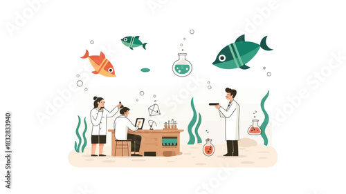 Whimsical underwater research station with colorful marine life and scientific equipment