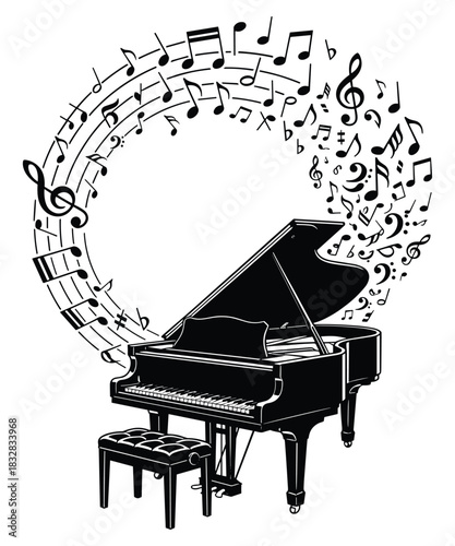 Grand piano black silhouette swirling music notes