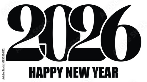 Bold 2026 happy new year typography design featuring strong decorative black numerals and clean modern layout perfect for festive greetings and holiday themes