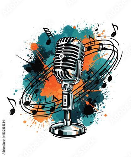 Vintage microphone with music notes paint splash