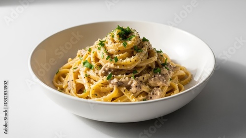 Delicious Pasta Dish in a White Bowl, Culinary Delight.