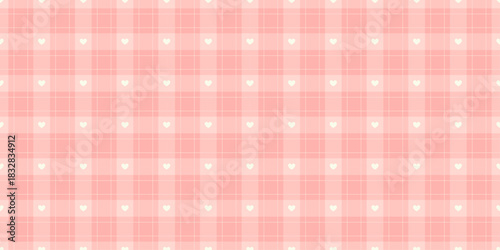 Cute pink checkered pattern with tiny white hearts. Girly wrapping paper for birthday, Valentine and holidays. Cozy childish background. Tartan plaid fabric or textile. Vector illustration wallpaper