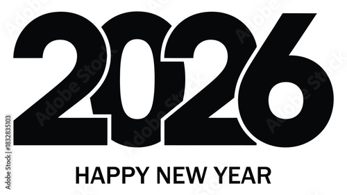 Bold 2026 happy new year typography design featuring modern black numerals and clean minimal style ideal for holiday greetings, celebration and festive themes