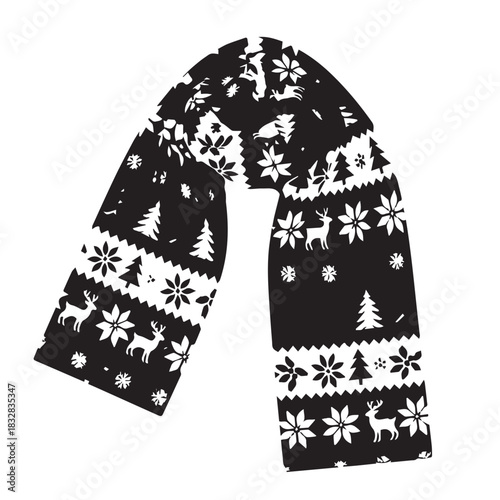 Winter knitted scarf featuring a bold black and white snowflake pattern.
