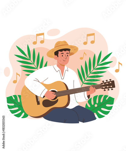 Man playing acoustic guitar tropical leaves
