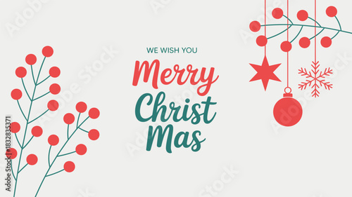 Festive Merry Christmas greeting card with modern minimalist holiday ornaments, berries, hanging decorations, and elegant seasonal typography design