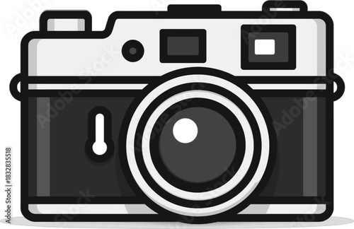 Front View Icon of a Classic Camera with Lens and Controls in Grayscale vintage photography