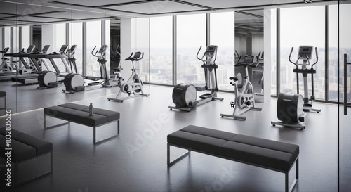 Modern luxury gym interior, empty and pristine, showcases sleek fitness equipment and panoramic urban skyline views, inspiring health and wellness dedication