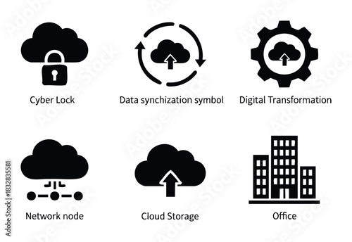 Collection of tech icons representing cyber security cloud data synchronization digital transformation network nodes cloud storage and office buildings for business and technology concepts