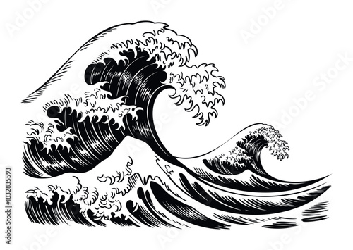 Powerful Japanese style ink drawing of large crashing ocean waves with cresting foam, perfect for maritime themes, nature scenes, and dynamic water visuals.