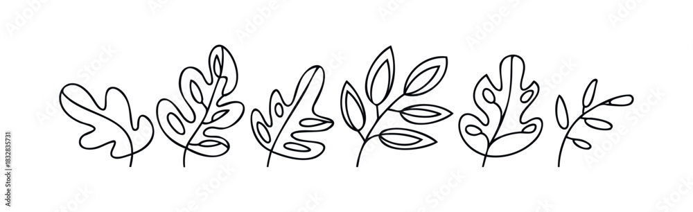 Fototapeta premium Line drawing collection of various organic leaf shapes and branches for natural botanical themes and springtime decor applications.