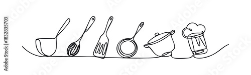 Continuous line drawing of kitchen utensils including ladle, whisk, spatula, saucepan and chef hat for culinary concepts and cooking themes.