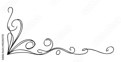 Elegant black ornamental swirl flourish for decorative borders and graphic accents in invitations, stationery, and page layouts, perfect for adding a vintage touch to any project.