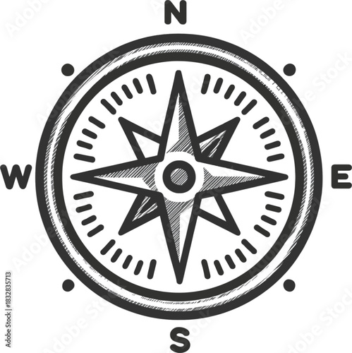 Hand- Drawn Compass Rose Icon with Cardinal Directions navigation travel