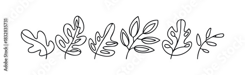 Line drawing collection of various organic leaf shapes and branches for natural botanical themes and springtime decor applications.
