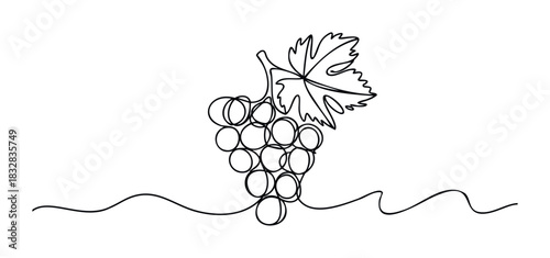 Simple continuous line drawing of a bunch of grapes with a leaf and wavy line, perfect for food and beverage marketing materials.