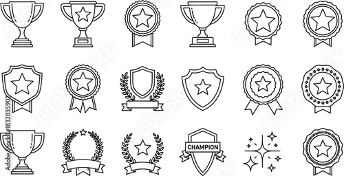 Collection of black and white outline icons representing various achievement awards like trophy, medal, badge, and shield