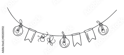 Hand drawn garland with light bulbs and pennants on a string for festive celebrations and party decor, perfect for event invitations and website elements.