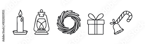 Collection of festive holiday icons including a candle, lantern, wreath, gift box, and candy cane with bell, perfect for seasonal promotions and greeting cards
