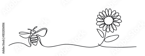 Continuous line drawing of a bee flying towards a sunflower, symbolizing nature, spring, and summer for graphic projects and social media.