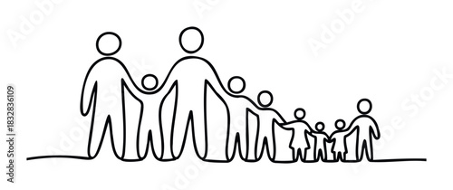 Abstract linear depiction of a diverse family group, symbolizing unity, connection, and generational bonds, perfect for themes of togetherness and support.