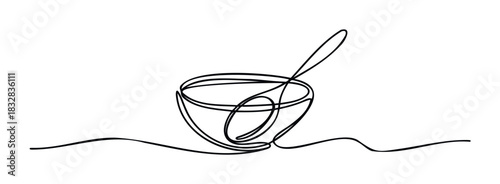 Minimalist single line drawing of a bowl with a spoon, representing food and simple cuisine concepts for culinary websites and healthy eating promotion
